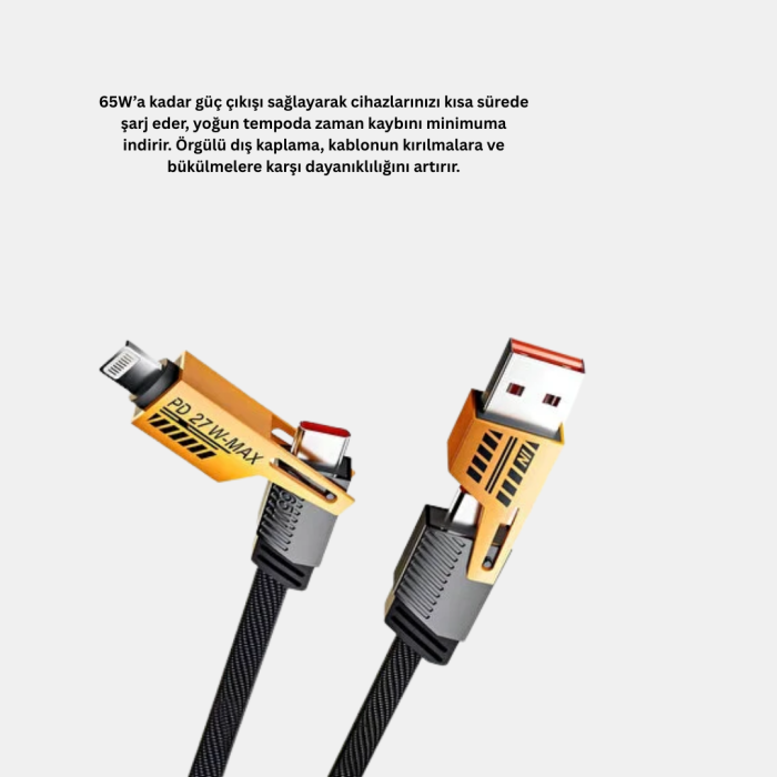 65W 4’ü 1 Arada Örgülü Hızlı Şarj Kablosu USB-C USB-A Çoklu Şarj Dayanıklı