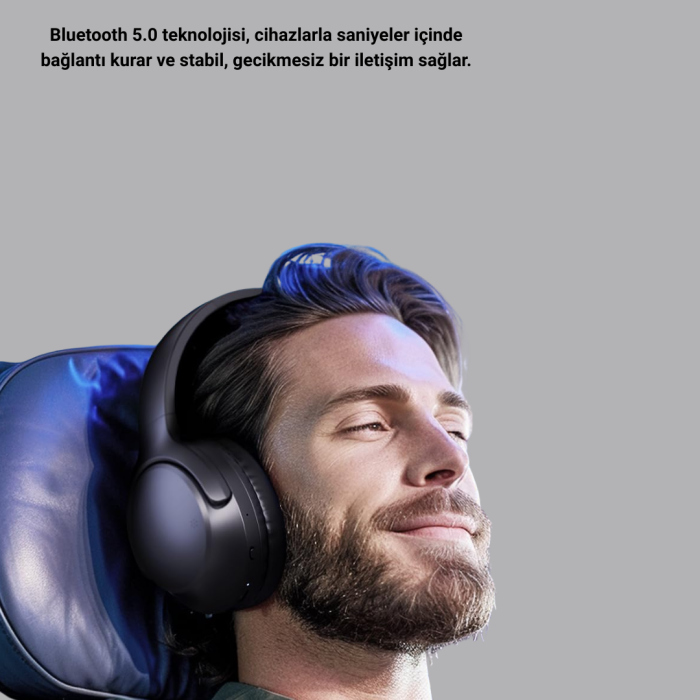 Bluetooth 5.0 Siyah Kablosuz Kulaklık 18 Saat Batarya Katlanabilir Tasarım