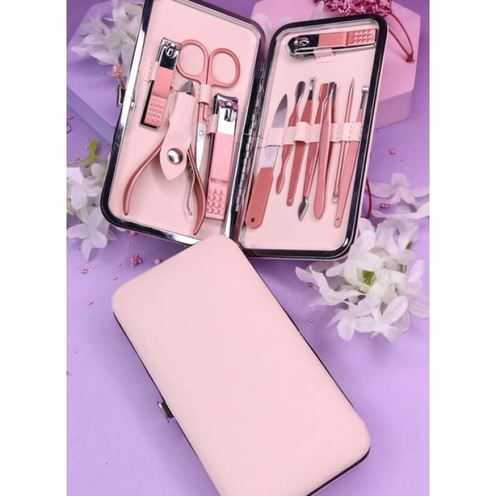Profesyonel Çantalı Tırnak Bakım Manikür Seti Pembe Renk 12 Parça