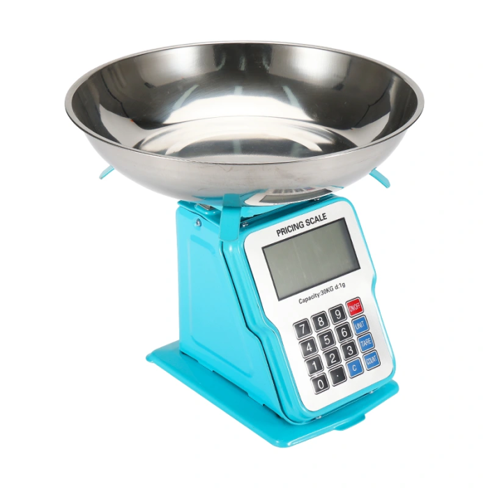 30kg 1g Dijital Kefeli Terazi Pilli Ve Adaptörlü Elektronik Tartı, Paslanmaz Çelik Tepsili Fiyat Hesaplama Mavi