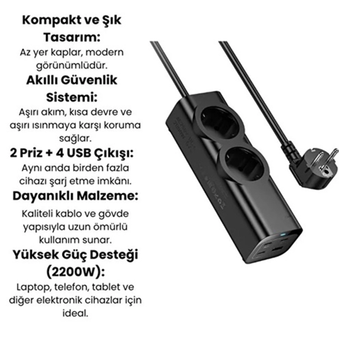 67w Hızlı Şarjlı Akıllı Çoklu Priz – 2000w Güç, 2 Usb-c + 2 Usb-a Çıkışlı, Telefon & Laptop Uyumlu