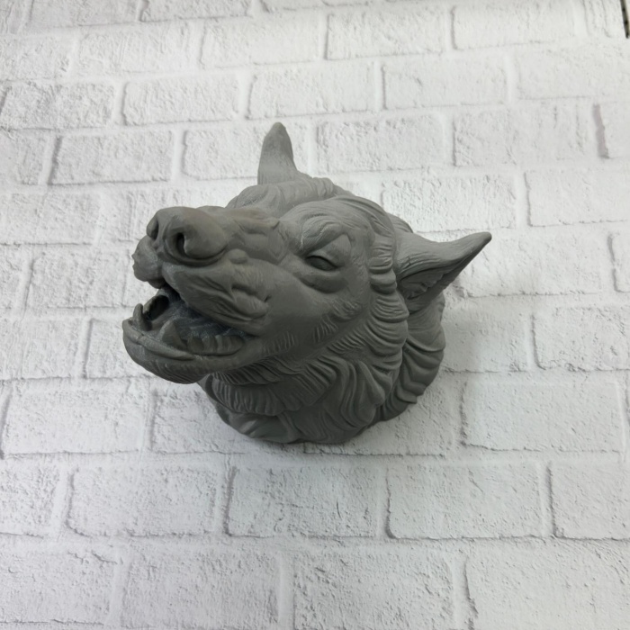 Gri Kurt Başı Figürü Duvar Tipi Dekoratif Heykel Hediyelik