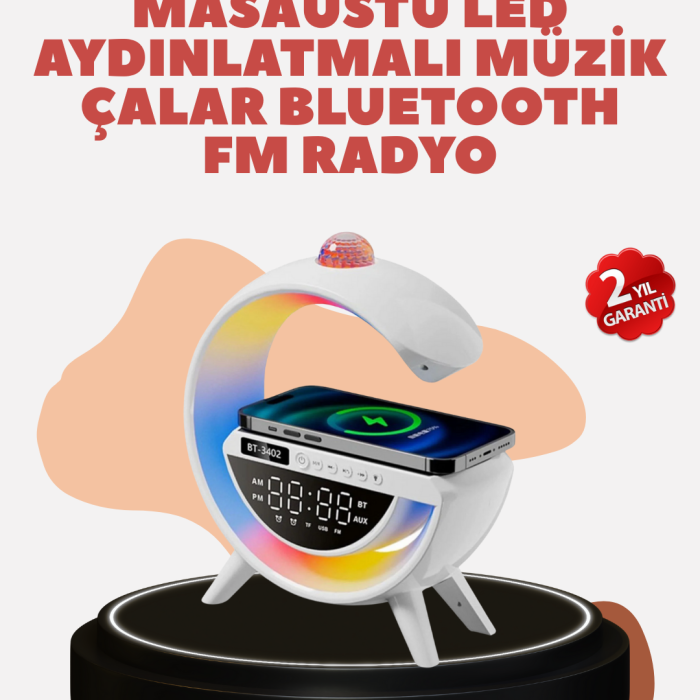 Bluetooth 5.0 Kablosuz Şarj Rampalı FM Radyo ve RGB Işıklı Hoparlör