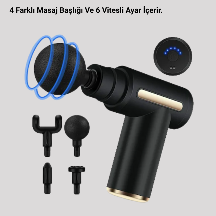 Derin Doku Masaj Tabancası 4 Başlık 6 Kademeli Sessiz Güç Şarjlı Kas Gevşetici