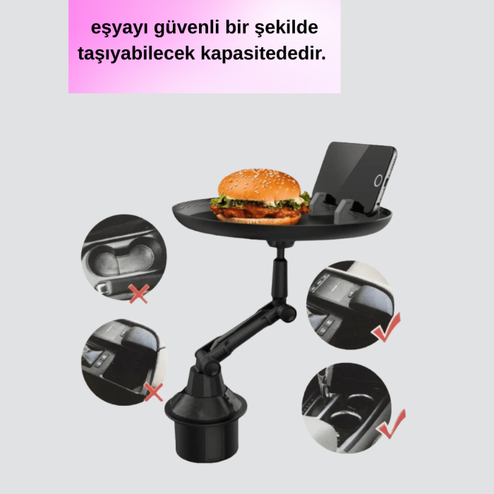Araç Bardaklık Tepsisi 360° Dönebilen Kol Ayarlı Geniş Yemek Alanlı
