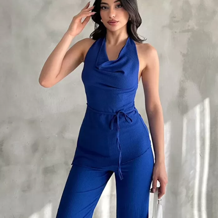 Kadın Saks Mavisi Degaje Yaka Bluz ve Pantolon İkili Takım