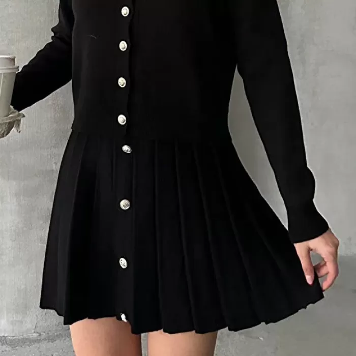 Kadın Triko Mini Etek Hırka Takım – Siyah