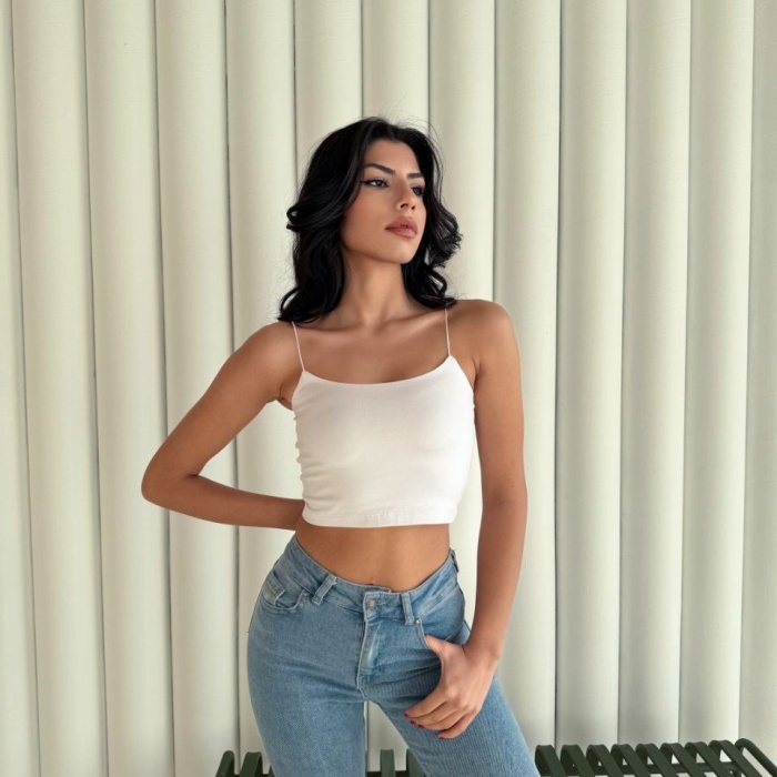 Kadın İp Askılı Kısa Crop - Beyaz