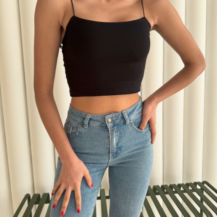 Kadın İp Askılı Kısa Crop - Siyah