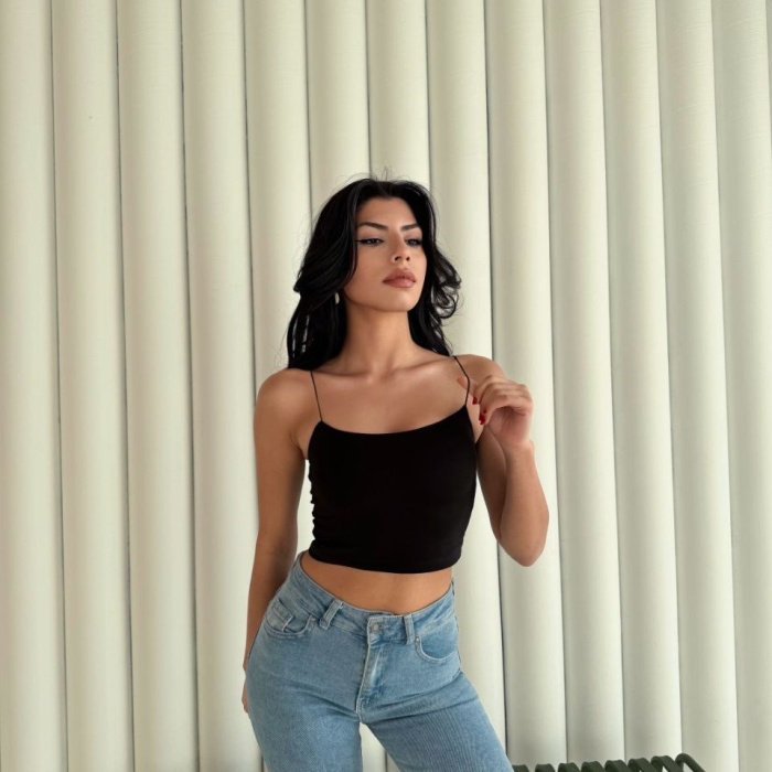 Kadın İp Askılı Kısa Crop - Siyah