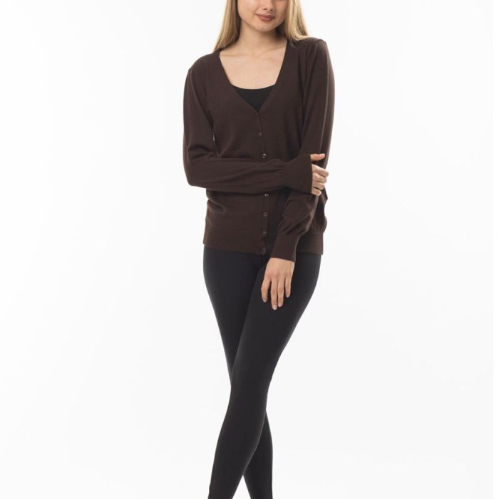 Kahverengi V Yaka Düğmeli Basic Triko Kadın Hırka