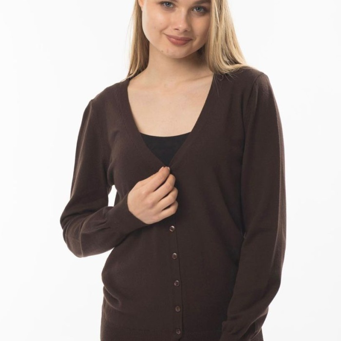 Kahverengi V Yaka Düğmeli Basic Triko Kadın Hırka