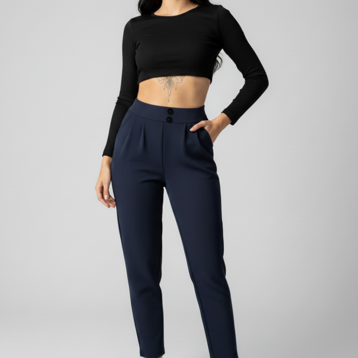 Kadın Yüksek Bel Çift Düğmeli Havuç Model Bilek Boy Krep Pantolon – Lacivert