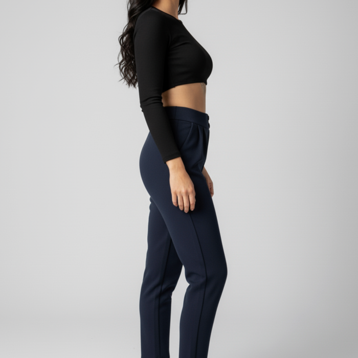 Kadın Yüksek Bel Çift Düğmeli Havuç Model Bilek Boy Krep Pantolon – Lacivert