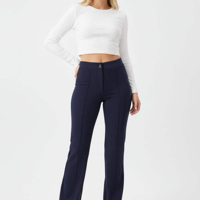 Kadın Yüksek Bel Toparlayıcı Çıma Detaylı Scuba Krep Palazzo İspanyol Paça Pantolon - Lacivert