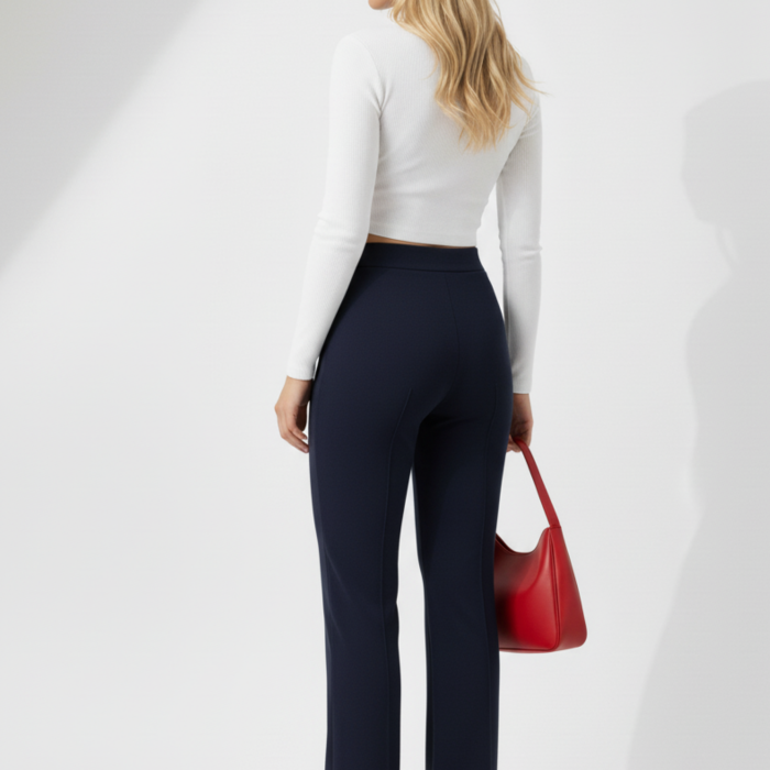 Kadın Yüksek Bel Toparlayıcı Çıma Detaylı Scuba Krep Palazzo İspanyol Paça Pantolon - Lacivert