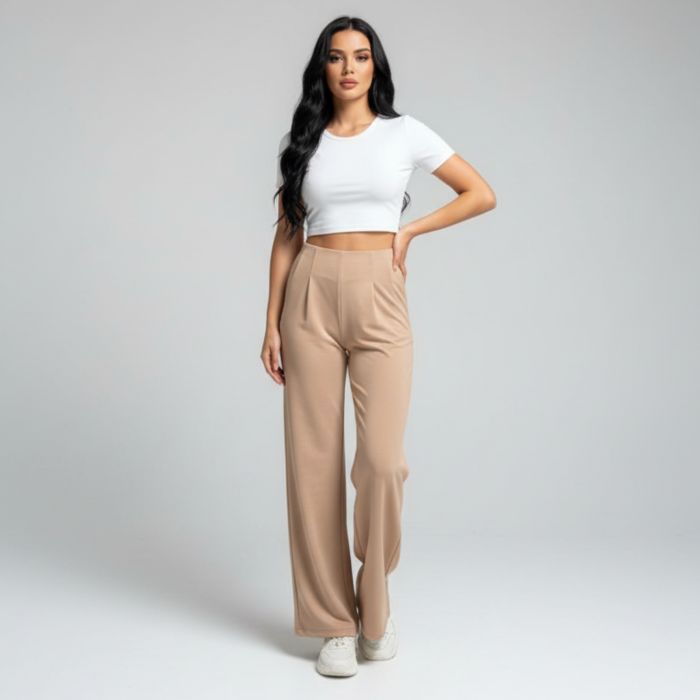 Kadın Yüksek Bel Pensli Bol Paça Krep Palazzo Pantolon – Bej