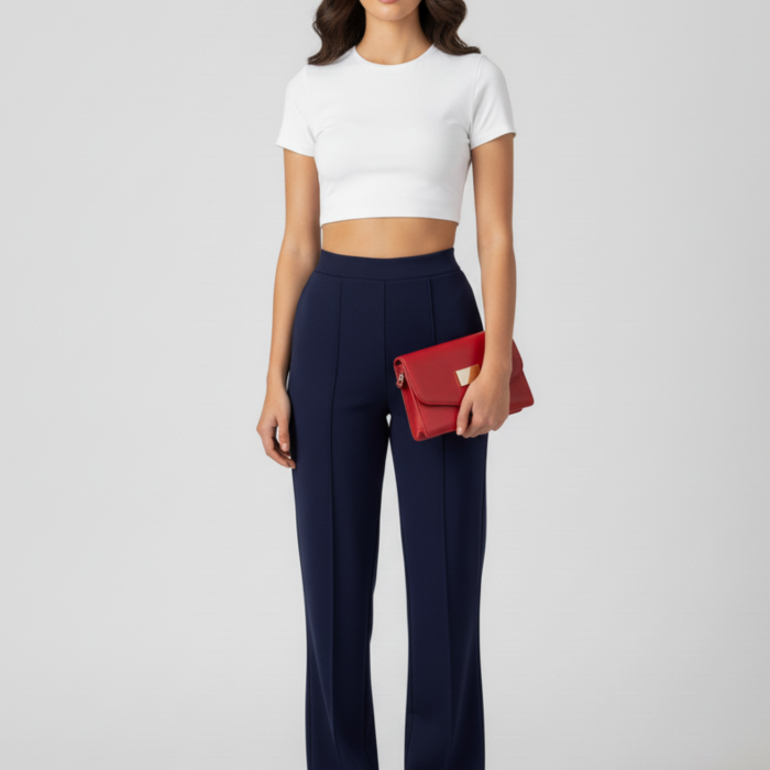 Kadın Modal Çımalı Yüksek Bel Beli Lastikli Bol Paça Pantolon - Lacivert