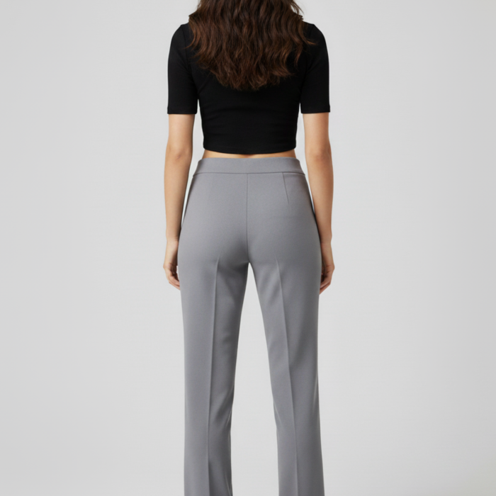 Kadın Yüksek Bel Toparlayıcı Çıma Detaylı Scuba Krep Palazzo İspanyol Paça Pantolon – Gri