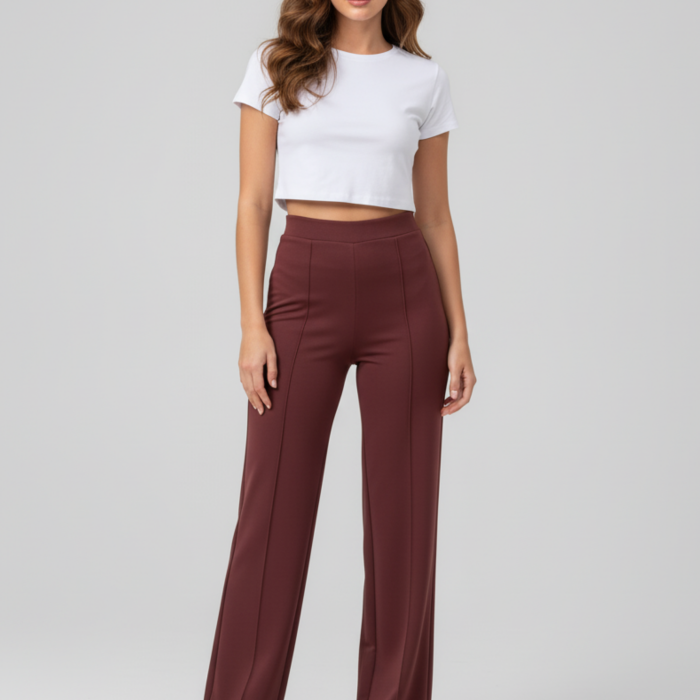 Kadın Modal Çımalı Yüksek Bel Beli Lastikli Bol Paça Pantolon - Kiremit