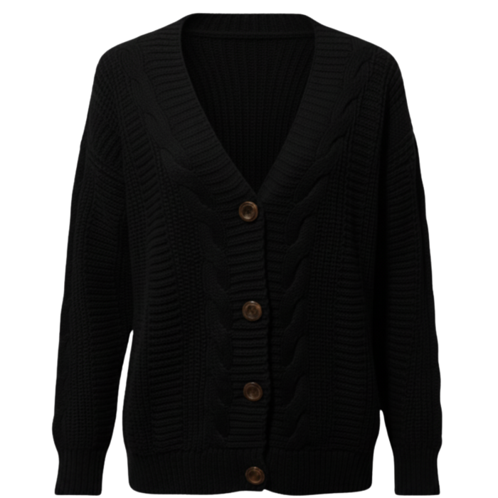 Kadın Siyah Düğmeli Kısa Triko Hırka – Burgulu Örgü Desenli