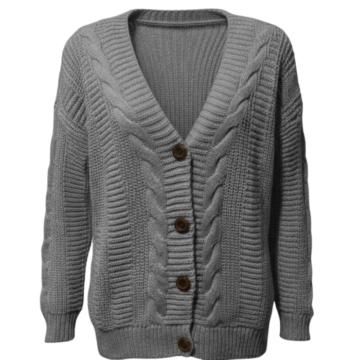 Kadın Gri Düğmeli Kısa Triko Hırka – Burgulu Örgü Desenli