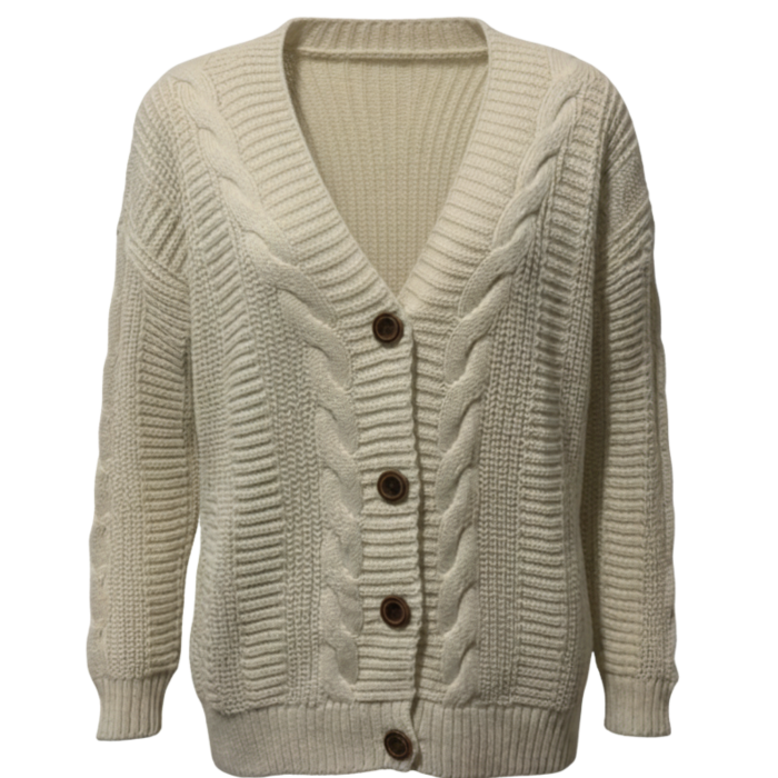 Kadın Krem Düğmeli Kısa Triko Hırka – Burgulu Örgü Desenli