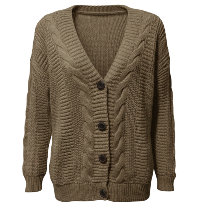 Kadın Kahve Düğmeli Kısa Triko Hırka – Burgulu Örgü Desenli