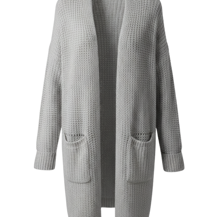 Kadın Gri Uzun Oversize Örgü Hırka – Cepli Kalın Triko