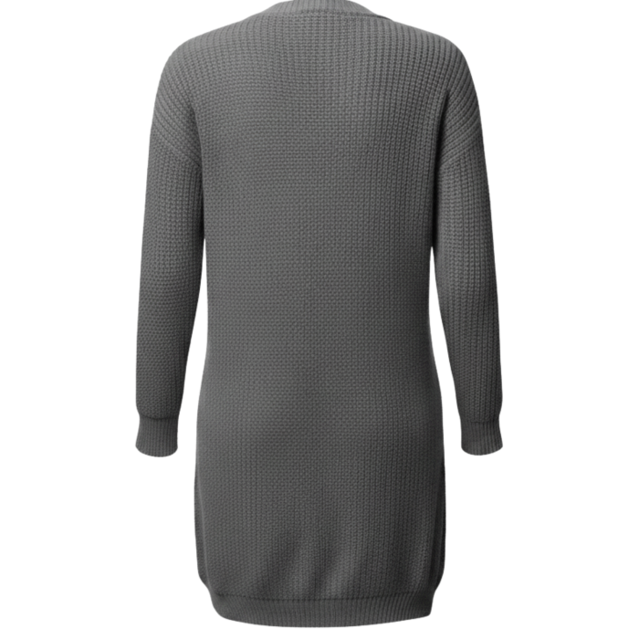 Kadın Gri Uzun Oversize Örgü Hırka – Cepli Kalın Triko