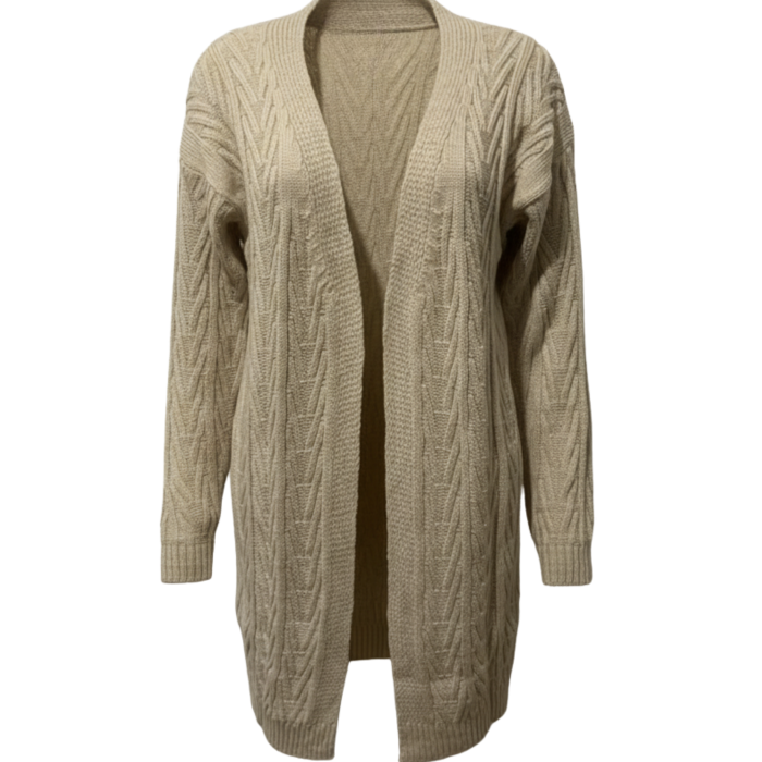 Kadın Krem Uzun Oversize Örgü Hırka – Chevron Desenli Triko