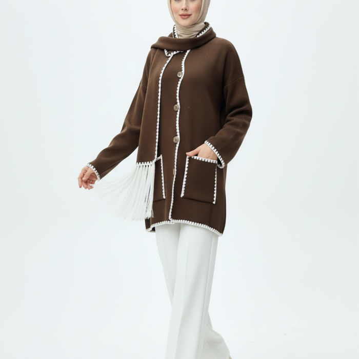 Kadın Nakış Detaylı Atkılı Yumuşak Ceket - Kahverengi