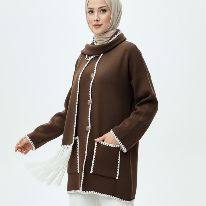 Kadın Nakış Detaylı Atkılı Yumuşak Ceket - Kahverengi