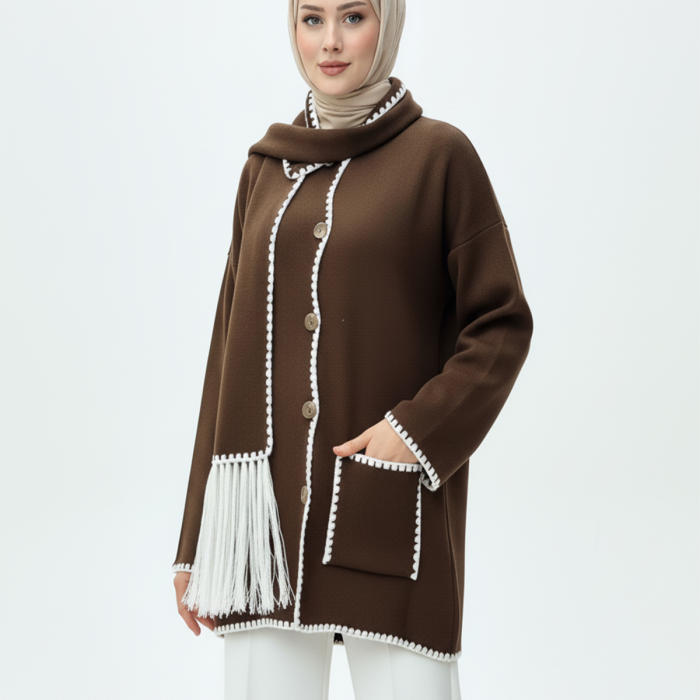 Kadın Nakış Detaylı Atkılı Yumuşak Ceket - Kahverengi