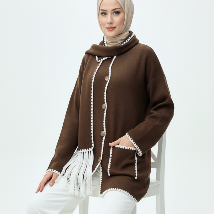 Kadın Nakış Detaylı Atkılı Yumuşak Ceket - Kahverengi