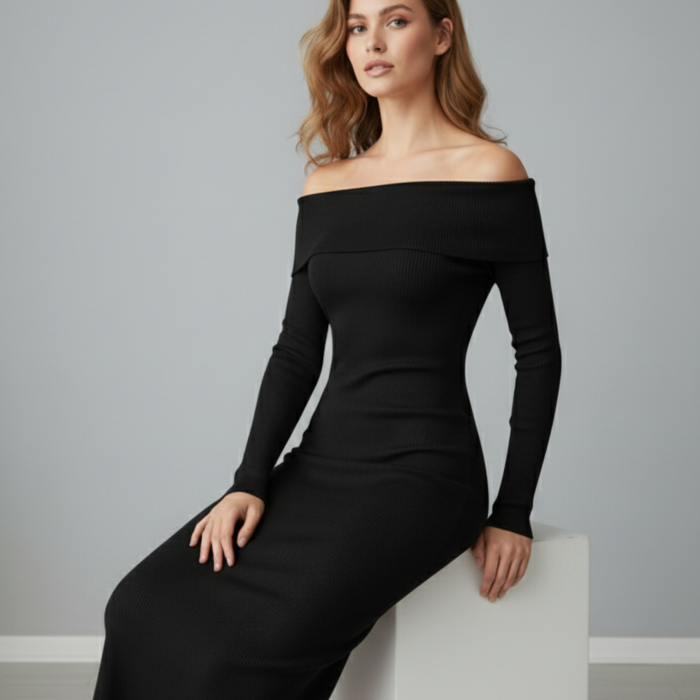 Kadın Siyah Madonna Yaka Uzun Elbise