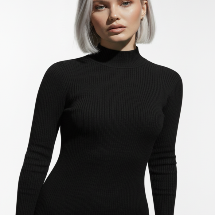 Kadın Balıkçı Yaka Siyah Uzun Elbise