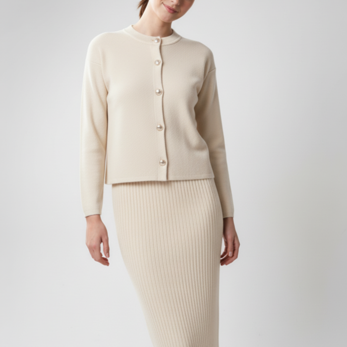 Kadın Hırka Elbise İkili Takım - Krem