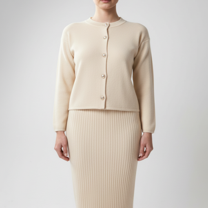 Kadın Hırka Elbise İkili Takım - Krem