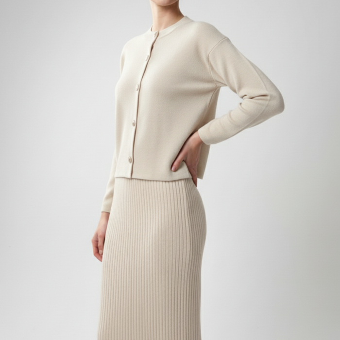 Kadın Hırka Elbise İkili Takım - Krem