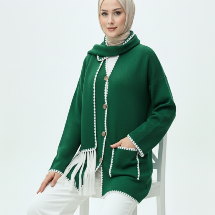 Kadın Nakış Detaylı Atkılı Yumuşak Ceket - Yeşil