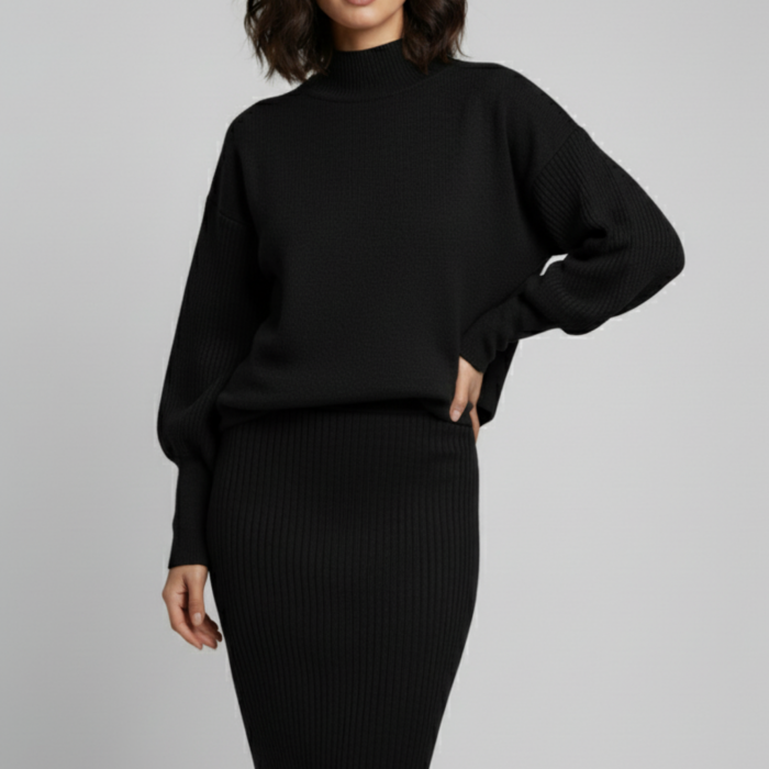 Triko Siyah Kazak ve Fitilli Elbise İkili Takım