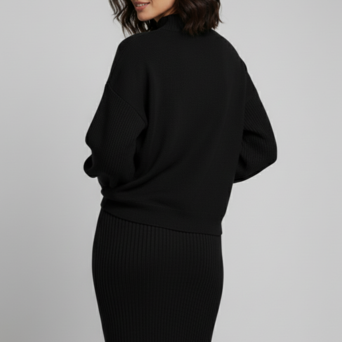 Triko Siyah Kazak ve Fitilli Elbise İkili Takım