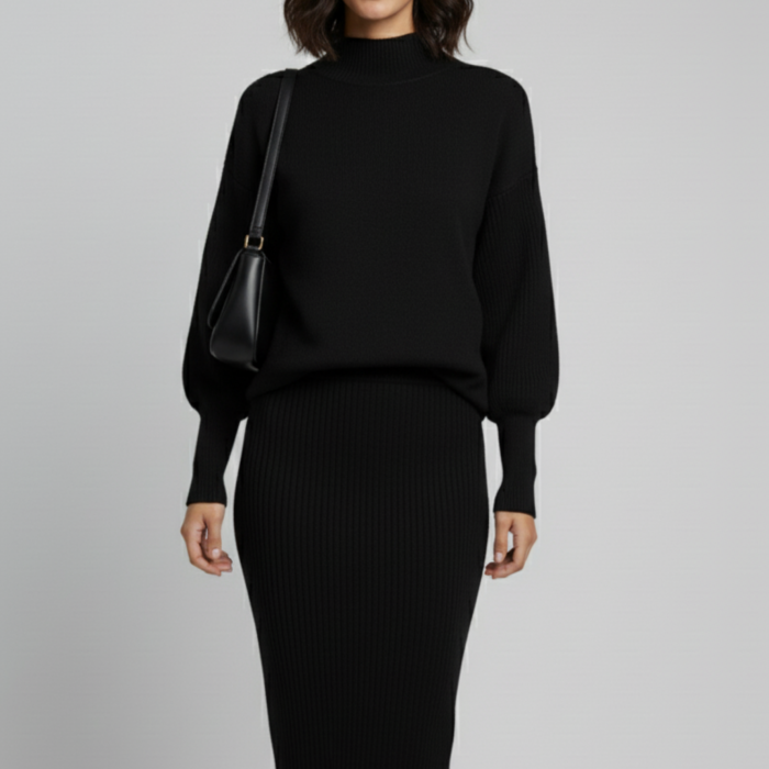 Triko Siyah Kazak ve Fitilli Elbise İkili Takım