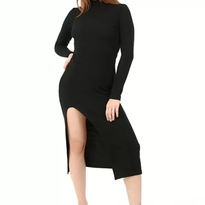 Kadın Siyah Yarım Balıkçı Tek Taraf Yırtmaçlı Uzun Kol Elbise