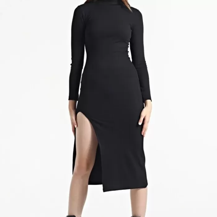 Kadın Siyah Yarım Balıkçı Tek Taraf Yırtmaçlı Uzun Kol Elbise