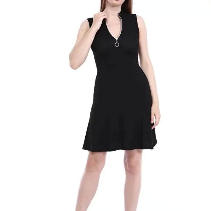 Kadın Siyah Yaka Fermuarlı Kolsuz Kaşkorse Elbise