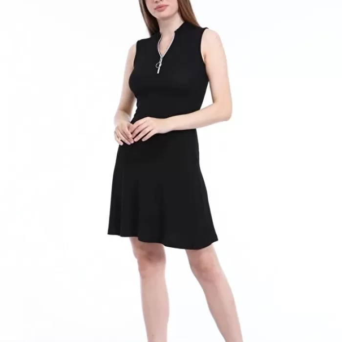 Kadın Siyah Yaka Fermuarlı Kolsuz Kaşkorse Elbise