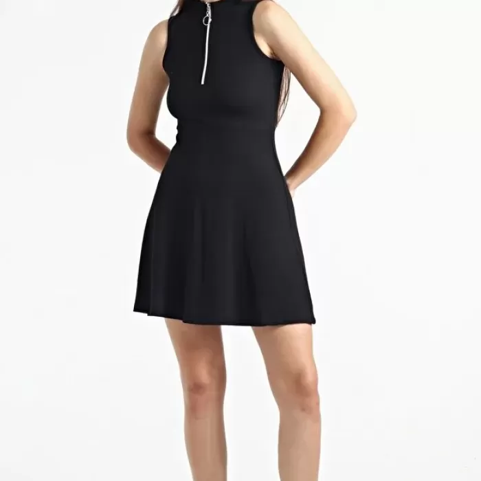 Kadın Siyah Yaka Fermuarlı Kolsuz Kaşkorse Elbise