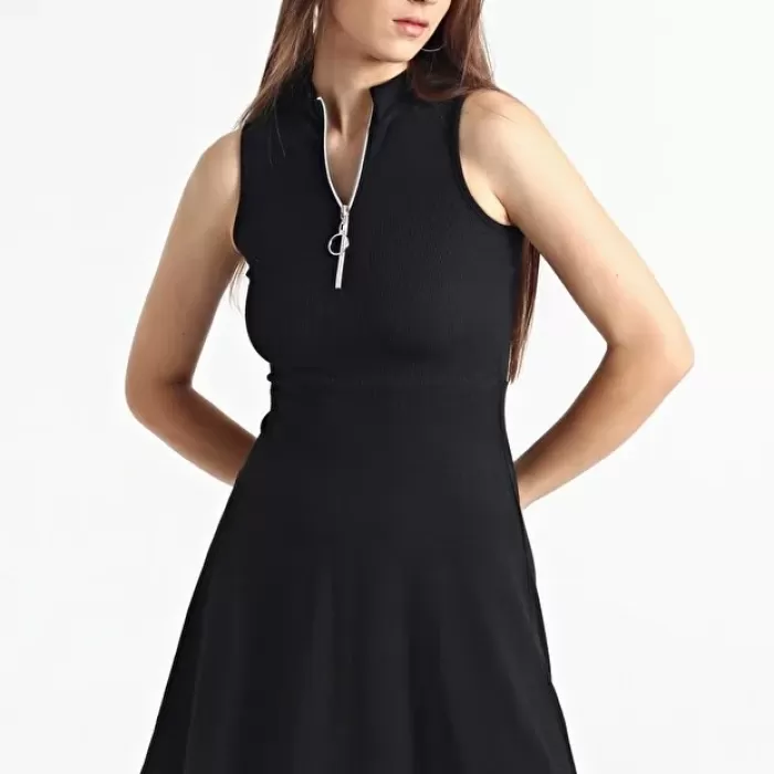 Kadın Siyah Yaka Fermuarlı Kolsuz Kaşkorse Elbise